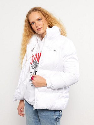 Женское пуховое пальто с воротником стойкой и принтом с длинными рукавами