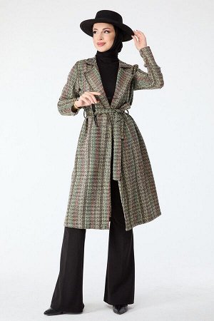 Женское красное пальто с прямым воротником и шнуровкой на талии — 13000