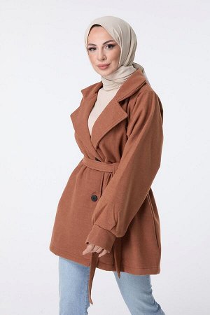 Женское светло-коричневое пальто с прямым рубашечным воротником — 23453