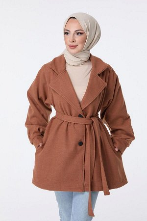 Женское светло-коричневое пальто с прямым рубашечным воротником — 23453