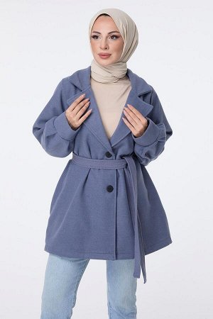 Синее женское пальто с прямым рубашечным воротником — 23453