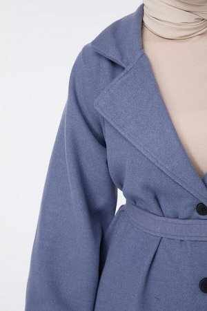 Синее женское пальто с прямым рубашечным воротником — 23453