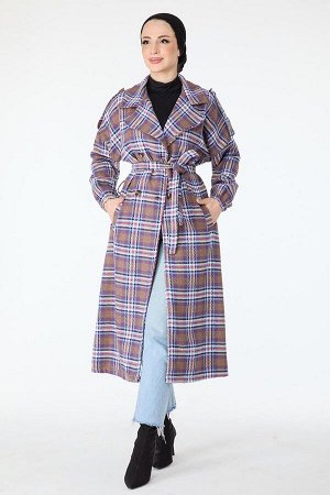 Женское кашемировое пальто прямого двубортного воротника сиреневого цвета с поясом - 13112