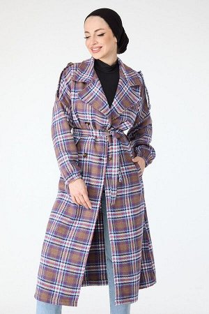 Женское кашемировое пальто прямого двубортного воротника сиреневого цвета с поясом - 13112