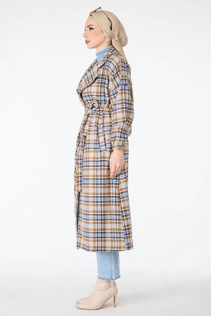 Женское коричневое кашемировое пальто прямого двубортного воротника с поясом — 13112