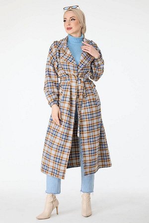 Женское коричневое кашемировое пальто прямого двубортного воротника с поясом — 13112