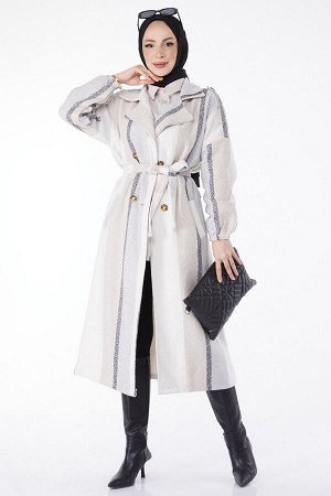 Бежевое женское кашемировое пальто с прямым воротником и поясом - 13135