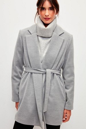 Сплошное пальто с двубортным воротником и поясом - Серый