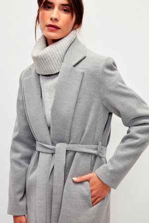Сплошное пальто с двубортным воротником и поясом - Серый
