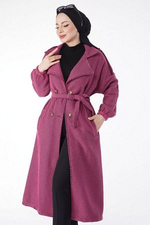 Прямое женское кашемировое пальто цвета фуксии с двубортным воротником и поясом - 13132