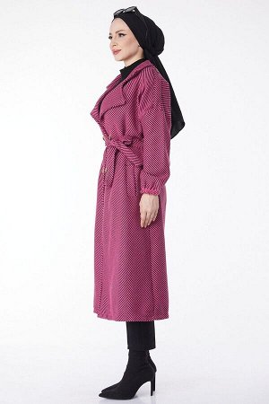Прямое женское кашемировое пальто цвета фуксии с двубортным воротником и поясом - 13132