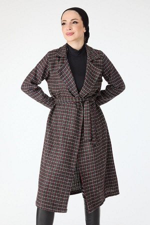 Женское черное пальто с прямым воротником и кружевной талией — 13000