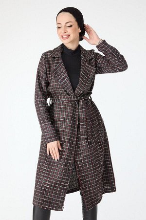 Женское черное пальто с прямым воротником и кружевной талией — 13000