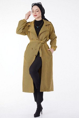 Желтое женское кашемировое пальто с прямым двубортным воротником и поясом - 13132