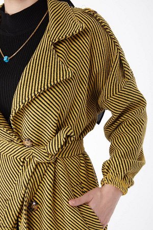 Желтое женское кашемировое пальто с прямым двубортным воротником и поясом - 13132