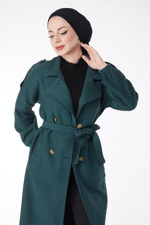 Женское зеленое кашемировое пальто с прямым двубортным воротником и поясом - 13132