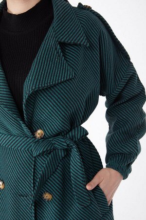 Женское зеленое кашемировое пальто с прямым двубортным воротником и поясом - 13132