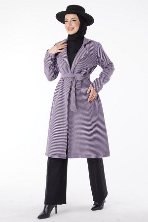 Женское сиреневое кашемировое пальто с прямым воротником и поясом — 13115