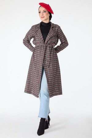 Женское серое пальто с прямым воротником и кружевной талией — 13000