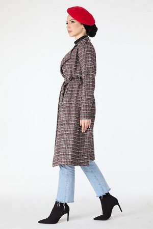 Женское серое пальто с прямым воротником и кружевной талией — 13000