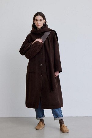 Длинное пальто с капюшоном Коричневое