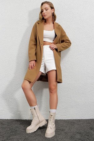 Женское стильное кашемировое пальто горчичного цвета с одной пуговицей и двойным карманом на подкладке HZL23W-BD190851