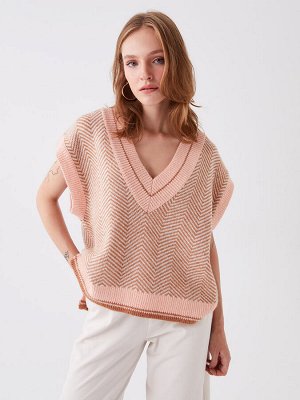Женский вязаный свитер оверсайз с V-образным вырезом и рисунком