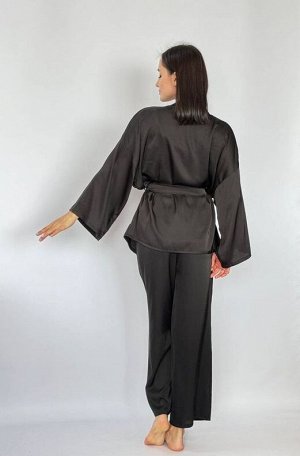 Костюм двойка домашний женский кимоно и брюки шёлковый чёрный