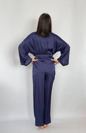 Костюм-двойка домашний женский кимоно и брюки шёлковый сапфир