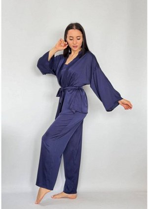 Костюм-двойка домашний женский кимоно и брюки шёлковый сапфир