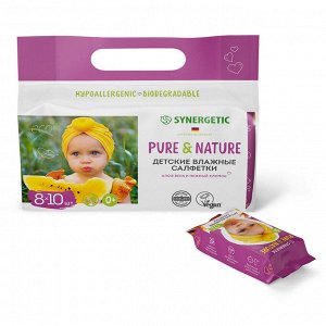Детские влажные салфетки 0+ SYNERGETIC Pure&Nature "Алоэ вера и нежный хлопок", без отдушек, 8 упаковок по 10 штук