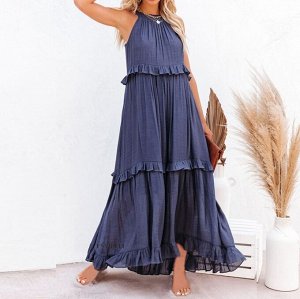 Женское платье-макси с оборками и карманами, темно-синий