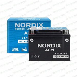 Аккумулятор для мото Nordix AGM YTX9L-BS, 9Ач, CCA 180, необслуживаемый