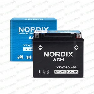 Аккумулятор для мото Nordix AGM YTX(Z)20L-BS, 16Ач, CCA 285, необслуживаемый