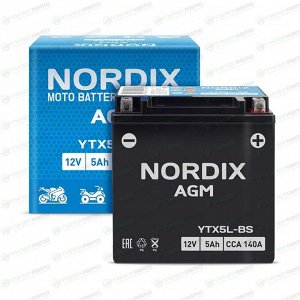 Аккумулятор для мото Nordix AGM YTX5L-BS, 5Ач, CCA 140, необслуживаемый