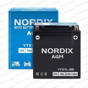 Аккумулятор для мото Nordix AGM YTX7L-BS, 7Ач, CCA 140, необслуживаемый