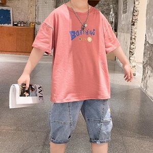 Летний комплект для мальчика: футболка с принтом + джинсовые шорты, розовый/голубой