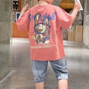 Летний комплект для мальчика: футболка с принтом + джинсовые шорты, розовый/голубой