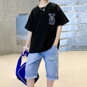 Летний комплект для мальчика: футболка с принтом + джинсовые шорты, черный/синий
