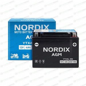Аккумулятор для мото Nordix AGM YTX4L-BS, 4Ач, CCA 130A, необслуживаемый
