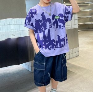 Летний комплект для мальчика: футболка с принтом + джинсовые шорты, фиолетовый/темно-синий