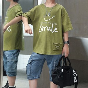 Летний комплект для мальчика: футболка с принтом + джинсовые шорты, зеленый/синий