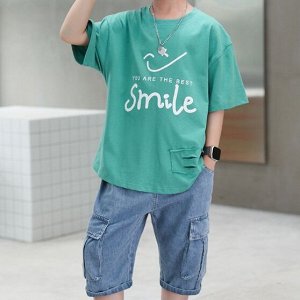 Летний комплект для мальчика: футболка с принтом + джинсовые шорты, светло-бирюзовый/синий