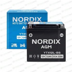 Аккумулятор для мото Nordix AGM YTX12L-BS, 12Ач, CCA 220, необслуживаемый