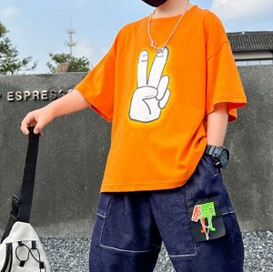 Летний комплект для мальчика (футболка + джинсовые шорты), с принтом, оранжевый/темно-синий