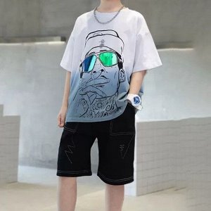Летний комплект для мальчика: яркая футболка с принтом + шорты, белый/серо-синий/черный