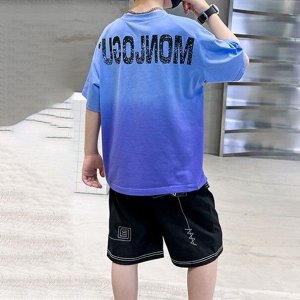 Летний комплект для мальчика: яркая футболка с принтом + шорты, синий/черный