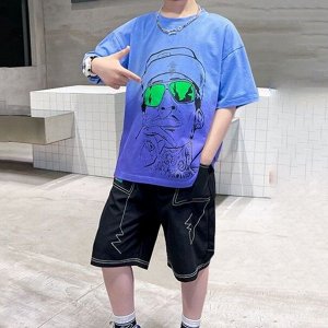 Летний комплект для мальчика: яркая футболка с принтом + шорты, синий/черный