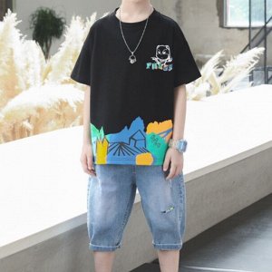 Летний комплект для мальчика: футболка с принтом + джинсовые шорты, черный/синий