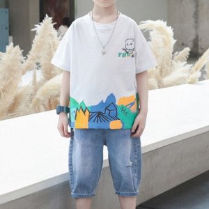 Летний комплект для мальчика: футболка с принтом + джинсовые шорты, белый/синий